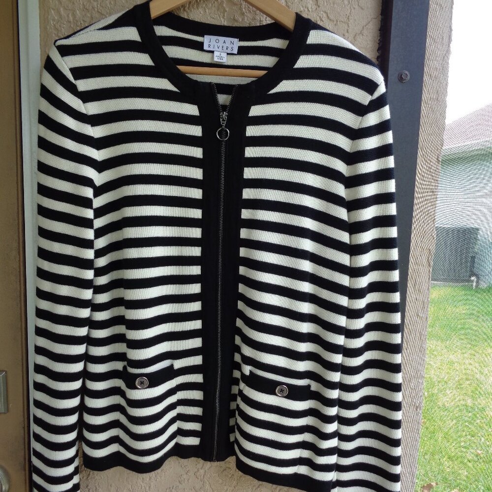 Joan Rivers Zip Front Stripe Sweater Jacket A515235 Ivory/Black Small
